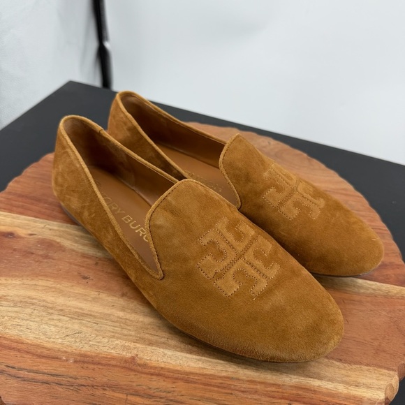 TORY BURCH Ruby Smoking Slippers cognac tan suede sz 8 flats - Picture 2 of 8